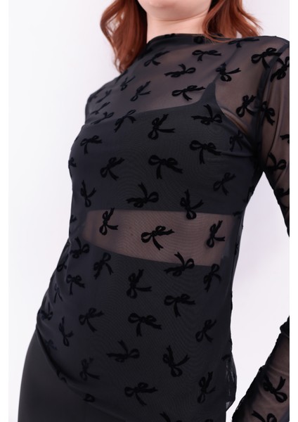 Siyah Fiyonk Desenli Uzun Kollu Transparan Dar Tül Bluz