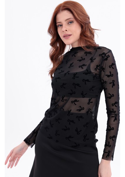 Siyah Fiyonk Desenli Uzun Kollu Transparan Dar Tül Bluz