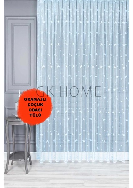 Lüks Tül Perde Yıldız Desenli Çocuk Odası Tülü Sık Pile Mavi Renk