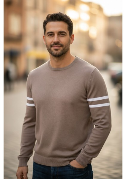 Erkek Triko Kol Çizgi Detaylı Kazak