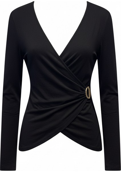 Kruvaze Uzun Kol Tokalı Siyah Bluz fırsatları