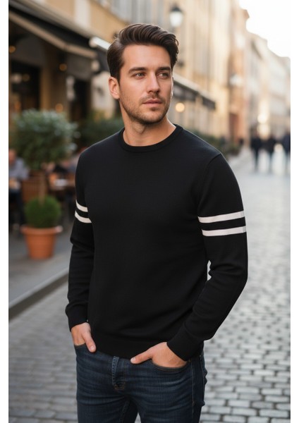 Erkek Triko Kol Çizgi Detaylı Kazak