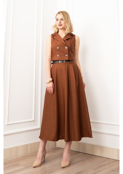 Midi Boy Kemerli Cepli Etek ve Ceket Yaka Astarlı Yelekli Takım 1156