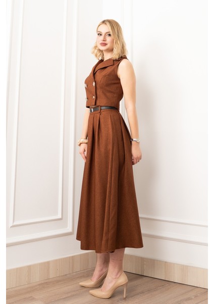 Midi Boy Kemerli Cepli Etek ve Ceket Yaka Astarlı Yelekli Takım 1156 fiyatları