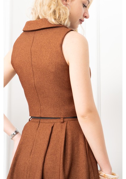 Midi Boy Kemerli Cepli Etek ve Ceket Yaka Astarlı Yelekli Takım 1156 fırsatları