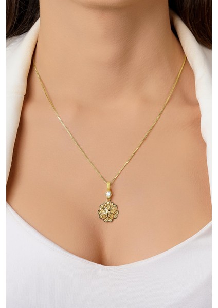 14 Ayar Altın Küp Zincirde Gül Motifli Telkari Kolye