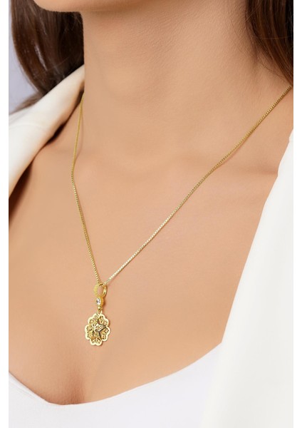 14 Ayar Altın Küp Zincirde Gül Motifli Telkari Kolye modelleri