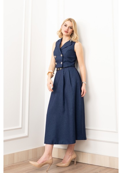 Midi Boy Kemerli Cepli Etek ve Ceket Yaka Astarlı Yelekli Takım 1156