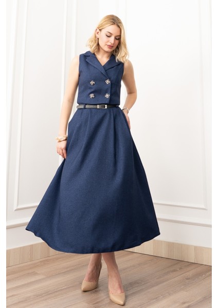 Midi Boy Kemerli Cepli Etek ve Ceket Yaka Astarlı Yelekli Takım 1156 fırsatları