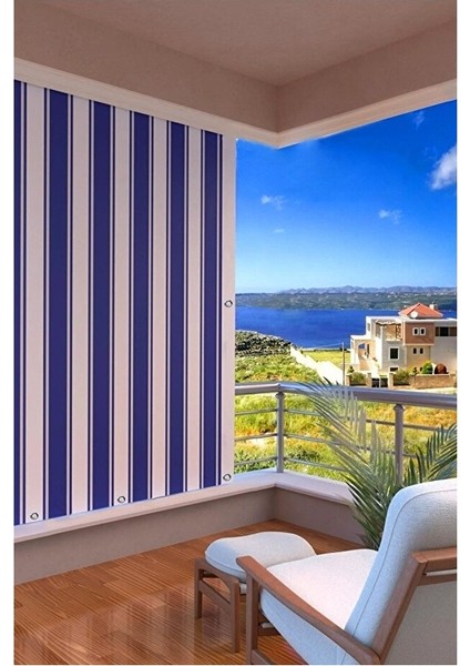 Kalın- Işık Su Geçirmez Düğmeli Kuş Gözlü Bağcık Hediyeli Balkon Perdesi Mavi-Beyaz