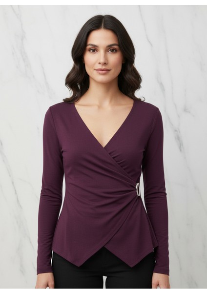 Kruvaze Uzun Kol Tokalı Mürdüm Bluz modelleri