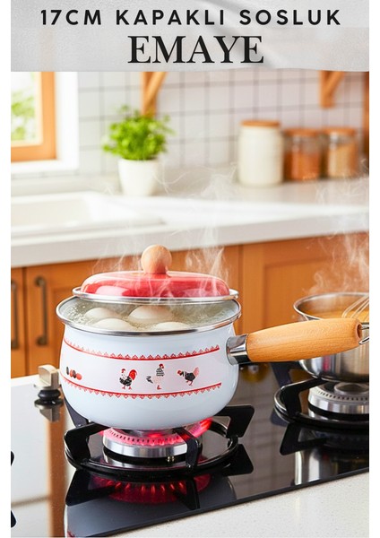 Metal Kırmızı Kapaklı 17 cm Emaye - Sosluk - Ahşap Saplı