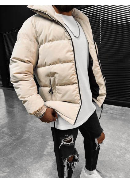 Erkek Dik Yaka Fermuarlı Şişme Mont Bej fırsatları