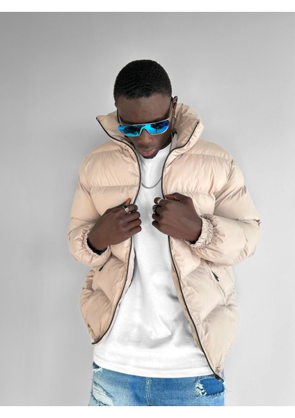 Erkek Dik Yaka Fermuarlı Şişme Mont Bej