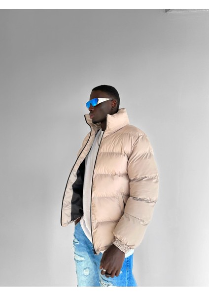 Erkek Dik Yaka Fermuarlı Şişme Mont Bej