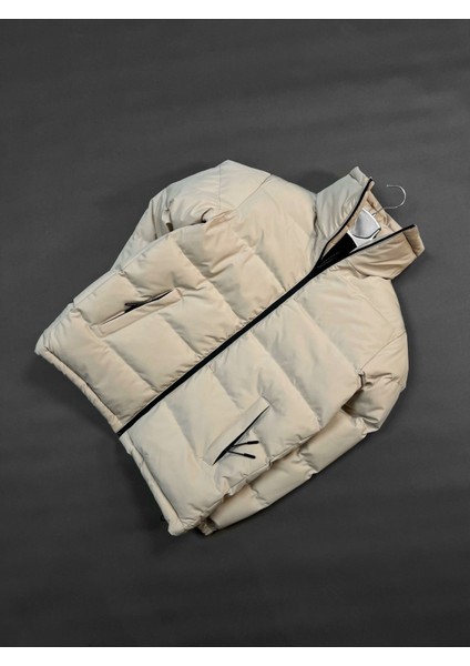 Erkek Dik Yaka Fermuarlı Şişme Mont Bej