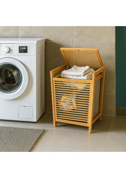 Orta Boy Ahşap Bambu Kirli Sepeti 40X35X60