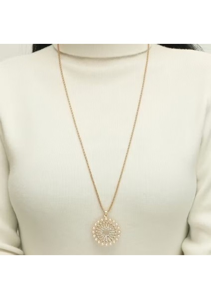 Şık Yuvarlak Parlayan Taşlar. Vintage Esintili Alaşım İnci Kolye 77cm