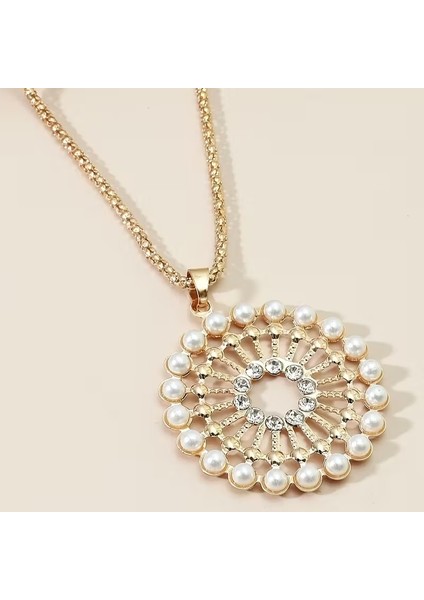 Şık Yuvarlak Parlayan Taşlar. Vintage Esintili Alaşım İnci Kolye 77cm fiyatları