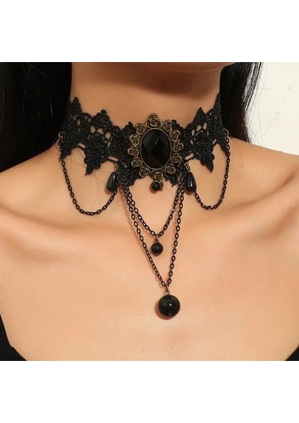 Gotik. Bohem Şık Siyah Dantel Yaka Kolyesi ile Reçine Pendent ve Tassel Aksesuarları