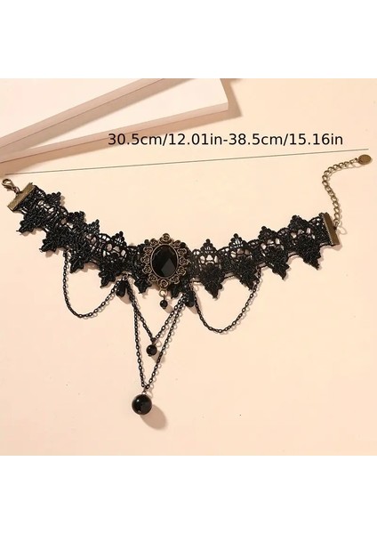 Gotik. Bohem Şık Siyah Dantel Yaka Kolyesi ile Reçine Pendent ve Tassel Aksesuarları fiyatları
