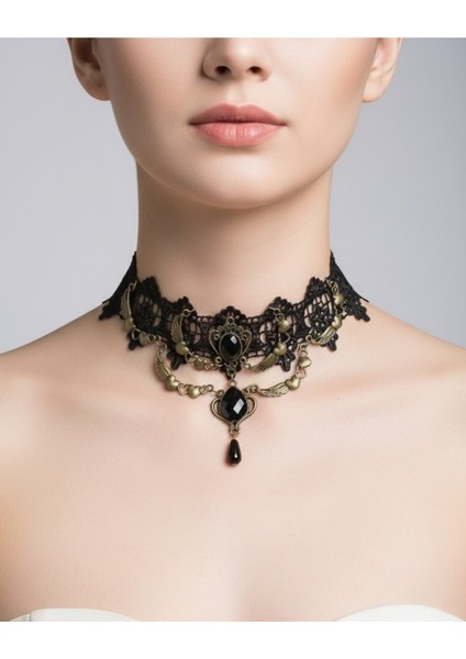 Gotik. Bohem Stil Siyah Dantel kolye.Siyah Kristal detaylı