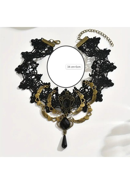 Gotik. Bohem Stil Siyah Dantel kolye.Siyah Kristal detaylı fiyatları
