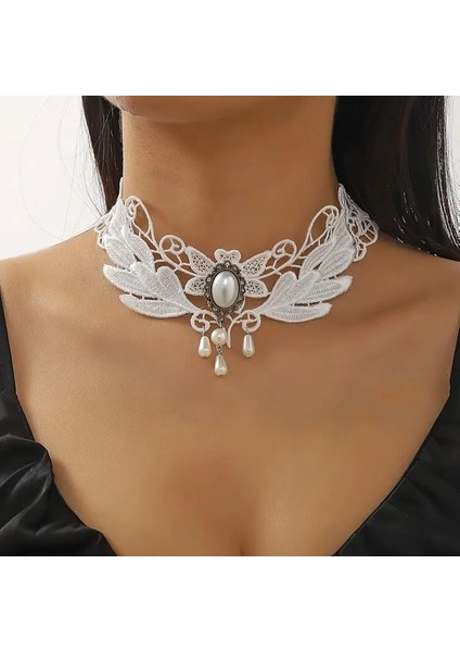 Gotik Choker. Bohem Stil Beyaz Dantel kolye. Beyaz Boncuk detaylı