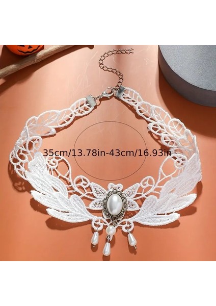 Gotik Choker. Bohem Stil Beyaz Dantel kolye. Beyaz Boncuk detaylı fiyatları