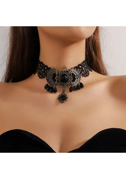 Gotik Siyah Dantel kolye. Etnik vintage detaylı
