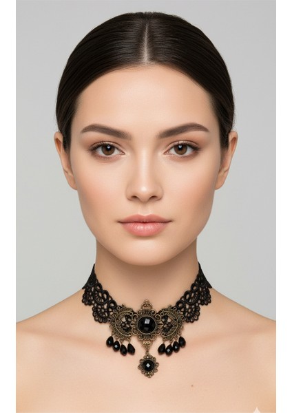Gotik Siyah Dantel kolye. Etnik vintage detaylı fiyatları