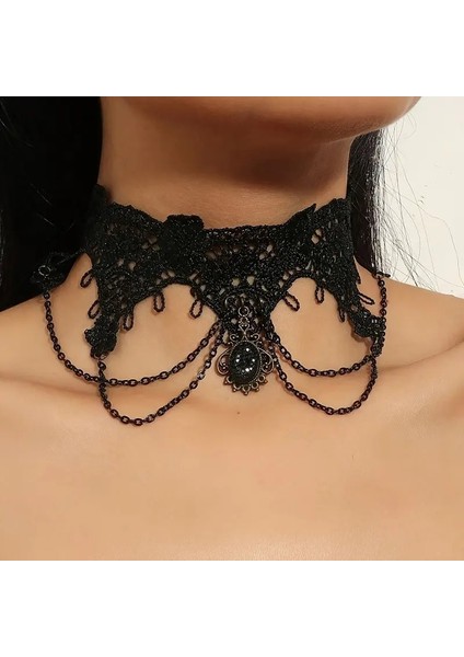 Gotik Siyah Dantel Kolye. Vintage Esintili Siyah Dantel Gerdanlık PÜSKÜLLÜ-MODEL08