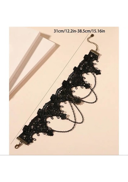 Gotik Siyah Dantel Kolye. Vintage Esintili Siyah Dantel Gerdanlık PÜSKÜLLÜ-MODEL08 fiyatları