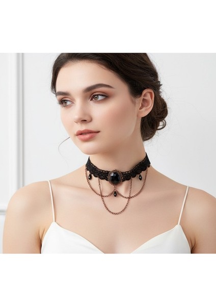 Gotik Siyah Dantel kolye. Vintage Esintili Siyah Dantel Gerdanlık Püsküllü