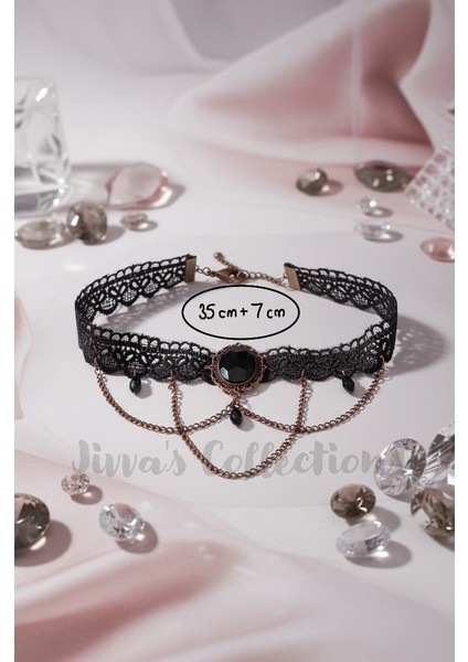 Gotik Siyah Dantel kolye. Vintage Esintili Siyah Dantel Gerdanlık Püsküllü modelleri