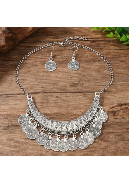 Otantik Bohem Takı Seti/ Vintage Taşlı Püskül Kolye-Küpe Etnik Tarz Seti fiyatları