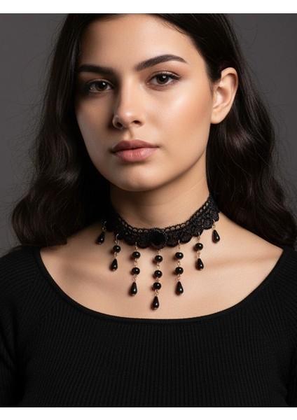 Gotik Siyah Dantel kolye. Dantel Choker Kolye Ayarlanabilir Zincir. Taş detaylı