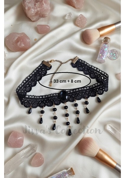 Gotik Siyah Dantel kolye. Dantel Choker Kolye Ayarlanabilir Zincir. Taş detaylı modelleri