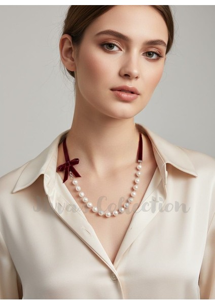 Bordo Kadife Fiyonk/ Kurdele Bijuteri Inci Kolye