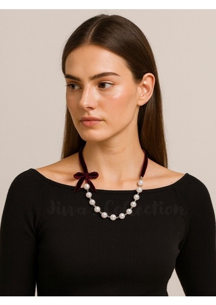 Bordo Kadife Fiyonk/ Kurdele Bijuteri Inci Kolye fiyatları