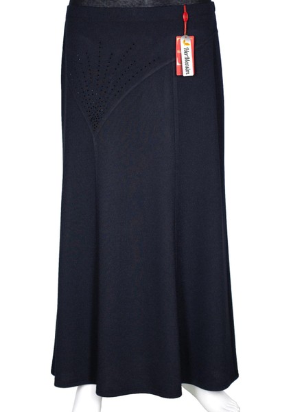 Hesna Kadın Nida Kışlık Büyük Beden Taşlı Astarsız Lastikli Lacivert Etek