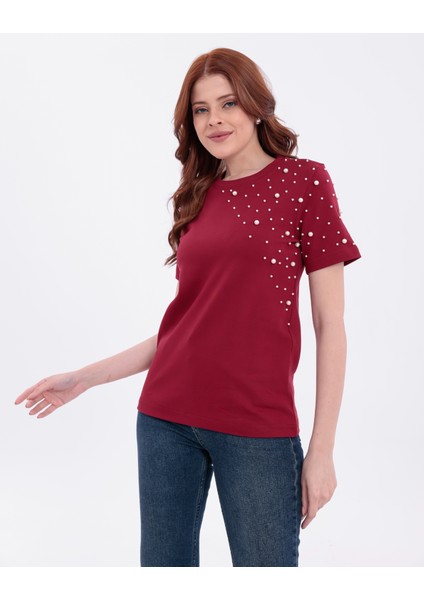 Inci Işlemeli Normal Kalıp Bordo Basic T-Shirt