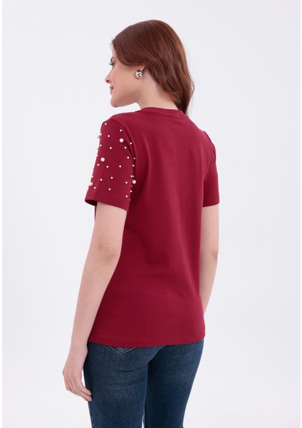Inci Işlemeli Normal Kalıp Bordo Basic T-Shirt fiyatları