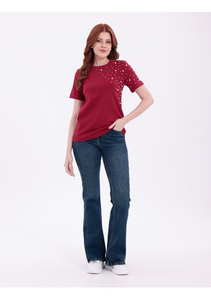 Inci Işlemeli Normal Kalıp Bordo Basic T-Shirt modelleri