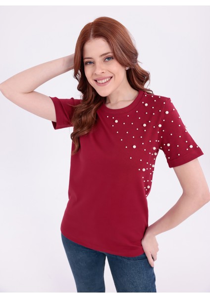 Inci Işlemeli Normal Kalıp Bordo Basic T-Shirt fırsatları
