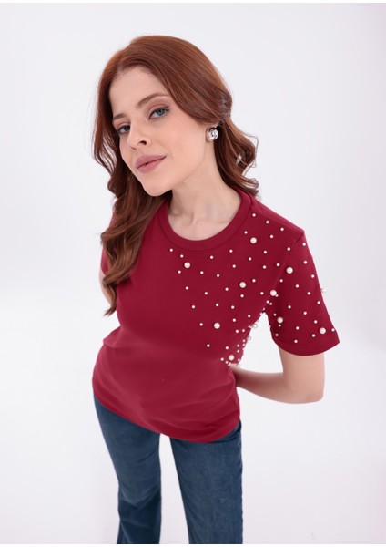 Inci Işlemeli Normal Kalıp Bordo Basic T-Shirt indirimleri