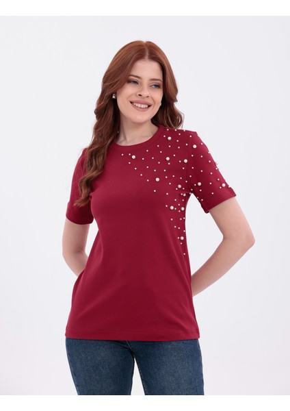 Inci Işlemeli Normal Kalıp Bordo Basic T-Shirt