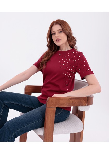 Inci Işlemeli Normal Kalıp Bordo Basic T-Shirt