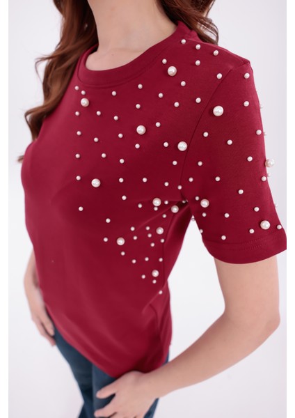 Inci Işlemeli Normal Kalıp Bordo Basic T-Shirt