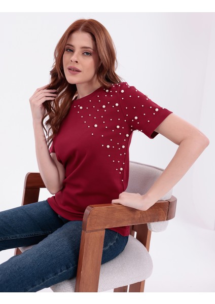 Inci Işlemeli Normal Kalıp Bordo Basic T-Shirt